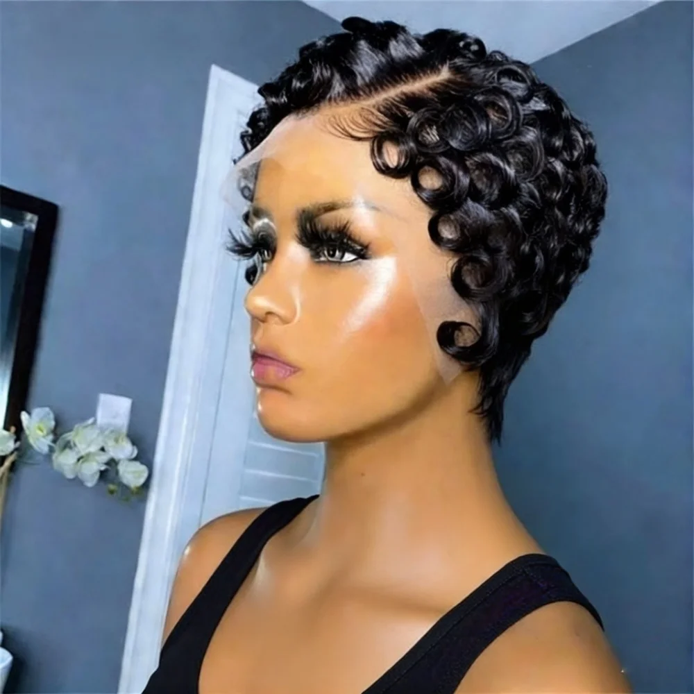 Side Part 13x4 Lace Front Human Hair Wigs 180% Density Loose Curly Pixie Cut Wig with Pre Plucked Hairline for Women