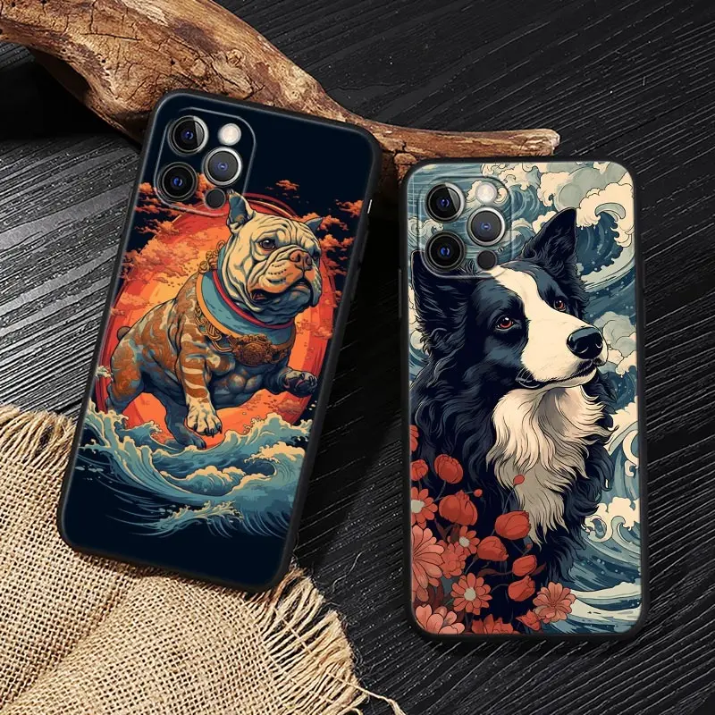 Dog Shepherd Bulldog Ukiyo-E Style Funda For iphone 15 Pro Max Case For iPhone 14 11 12 13 Mini 15 Pro 14Plus XS 8 SE Soft Cover