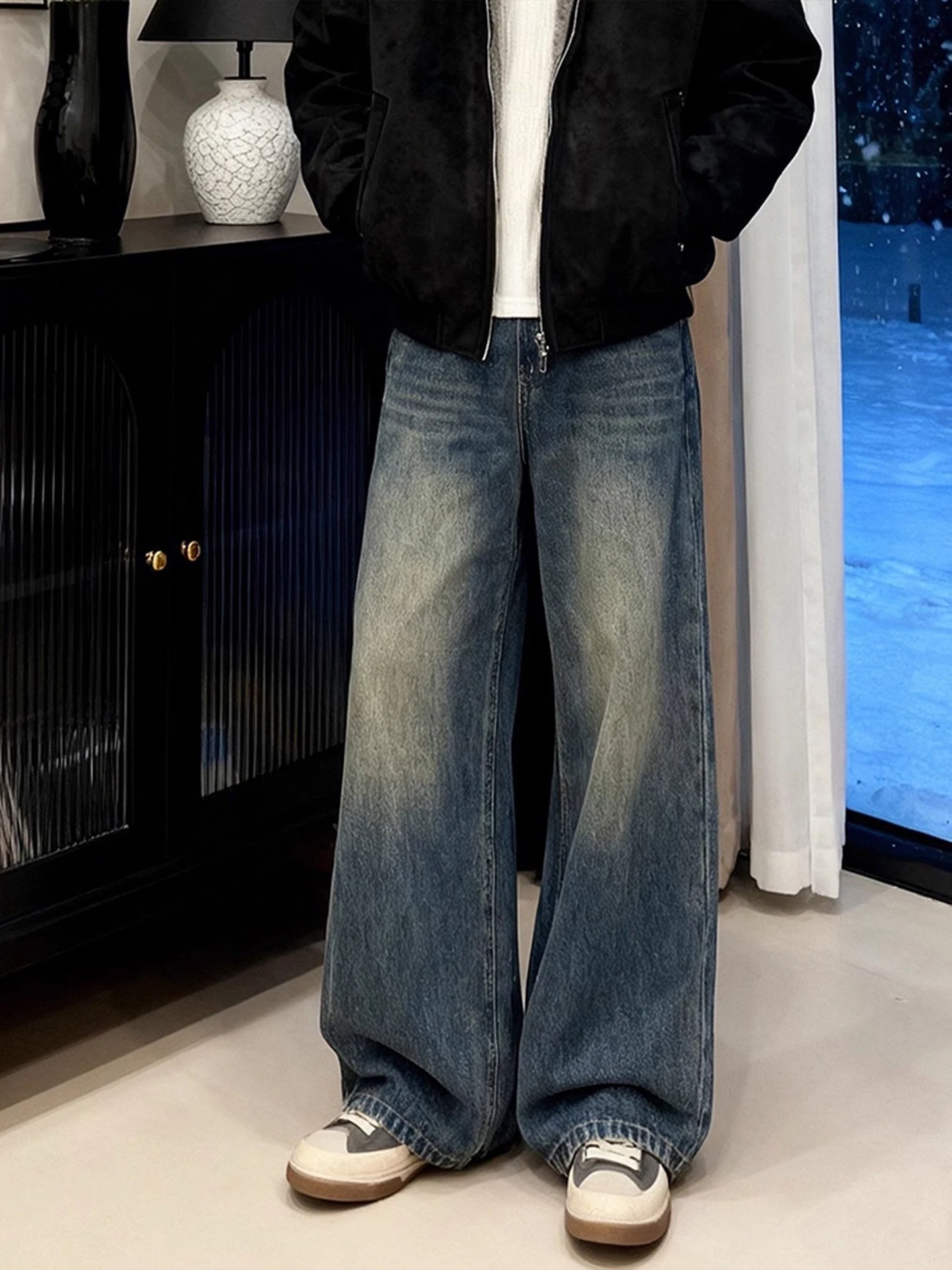 

Deep Blue Fleece Lined Men's Jeans American Retro Long Loose Wide Leg Straight Workwear Trousers Youth Casual Comfortable Denim