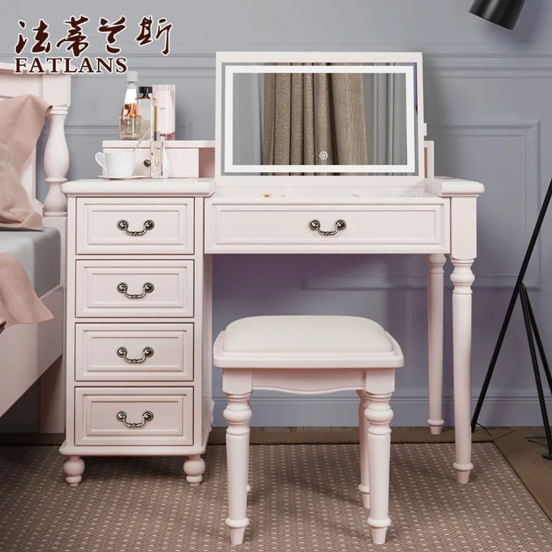 Pure solid wood installation-free American light luxury Internet celebrity flip mirror can be hidden dresser desk integrated dua