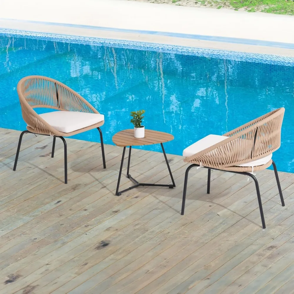 Outdoor Courtyard Furniture Set, Chair Reception Set, Woven Rope with Wooden Coffee Table, 3 Pcs