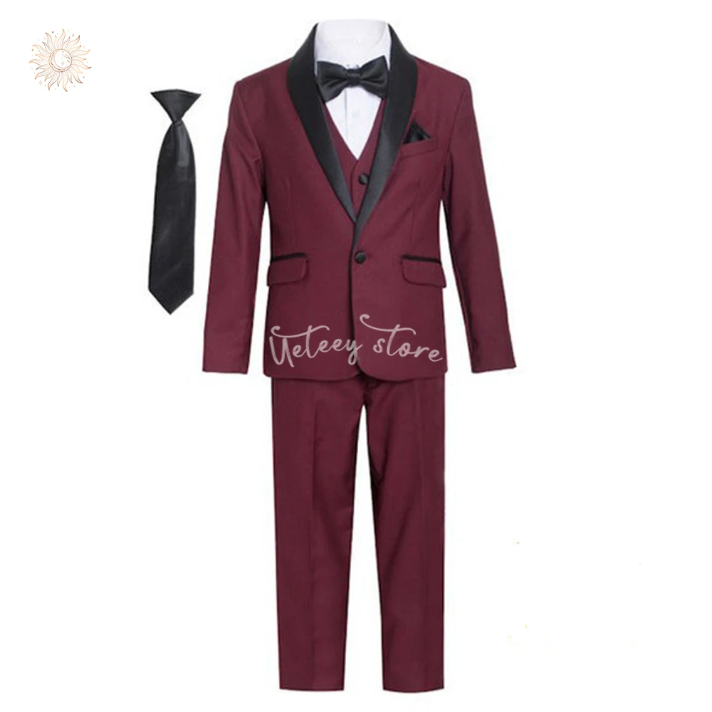 Smoking Slim Fit menino terno para crianças, smoking formal para o baile de formatura, Halloween, festa de Natal, casamento, jaqueta, colete, calças, 5 peças