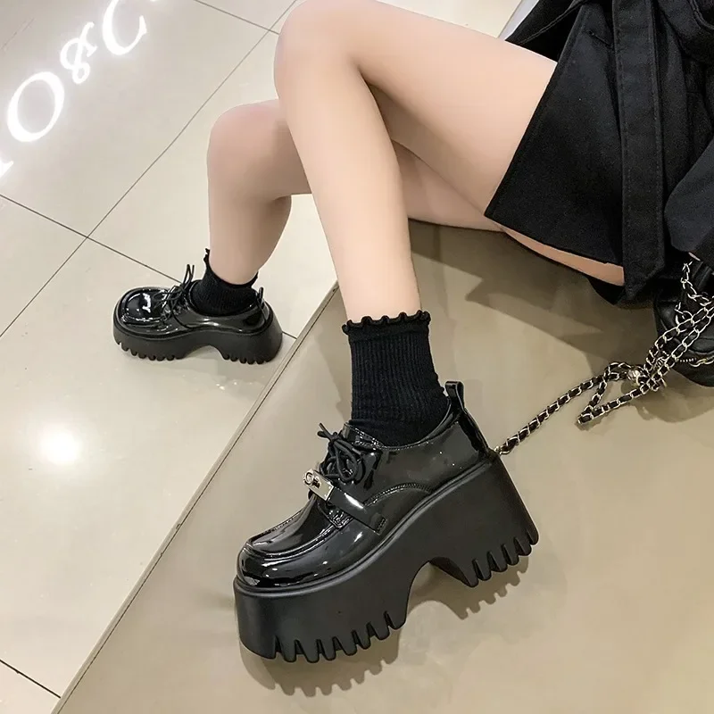 8CM Lolita buty damskie Mary Jane wiązane mokasyny dziewczęce jednolite buty na wysokich obcasach na platformie buty biurowe buty damskie Cosplay