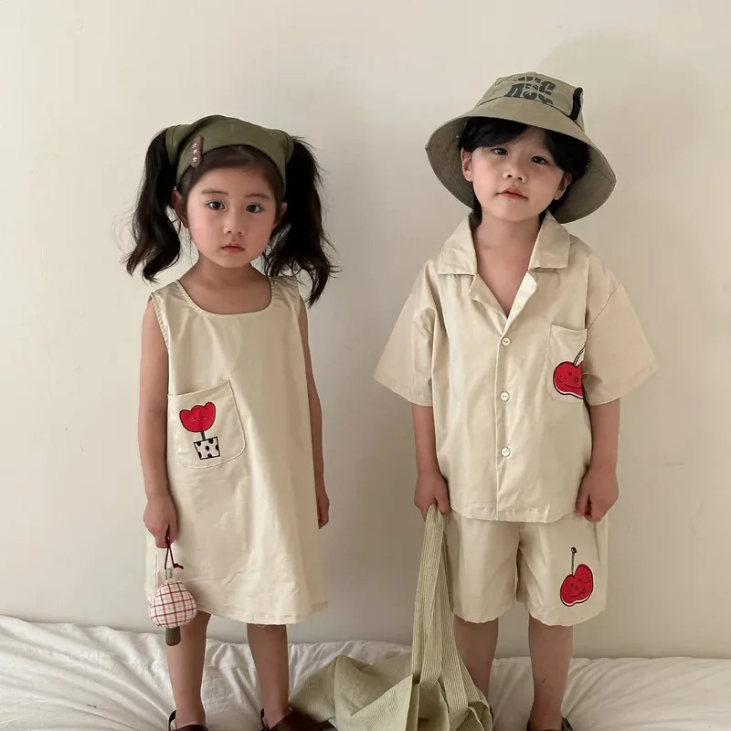 

2024 Summer Brother Sister Outfits Girl Baby Print Suspenders Dress Boy Baby Lapel Cotton Tops + Shorts 2pcs Kid Loose Shirt Set