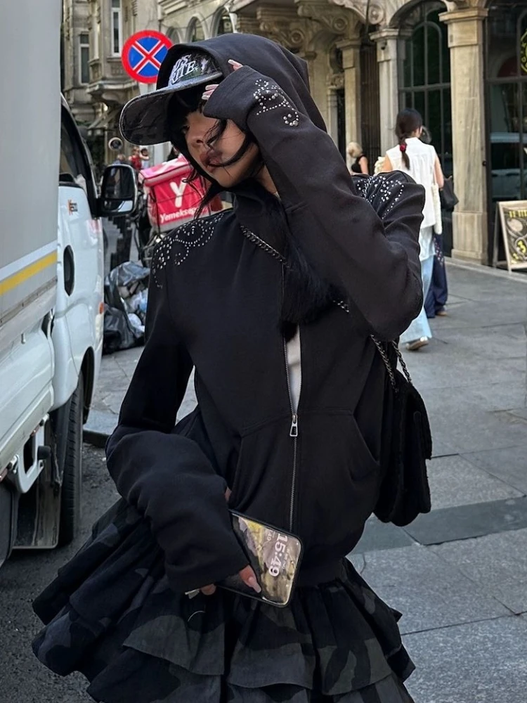 

Y2k American Vintage Long Sleeve Short Jacket Women Casual Rhinestones Punk Style Coat Streetwear Bodycon Solid 2025 Autumn