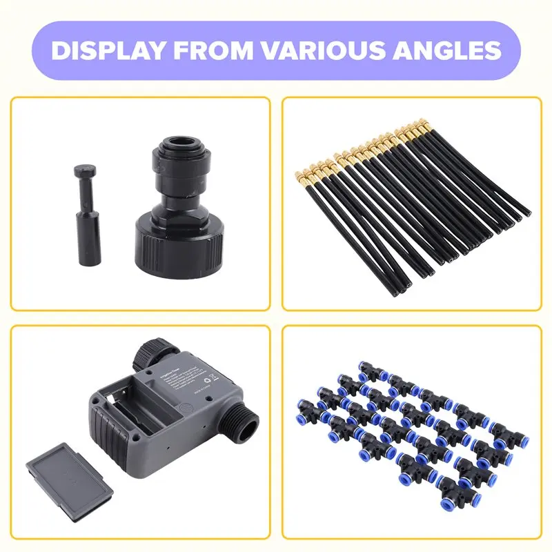 Y42A-Bendable Tubing, 60Ft Drip Irrigation System Featuring Smart Water Timer, Solid Brass Connectors, 360° Adjustable Nozzles
