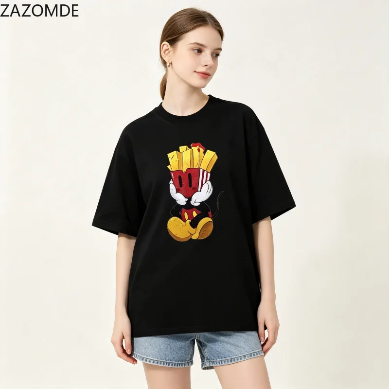 ZAZOMDE Korean Casual Basic T Shirt Funny Fast Food Sitting Fries Cartoon Print Crew Neck Oversized Loose Street Fashion Tees