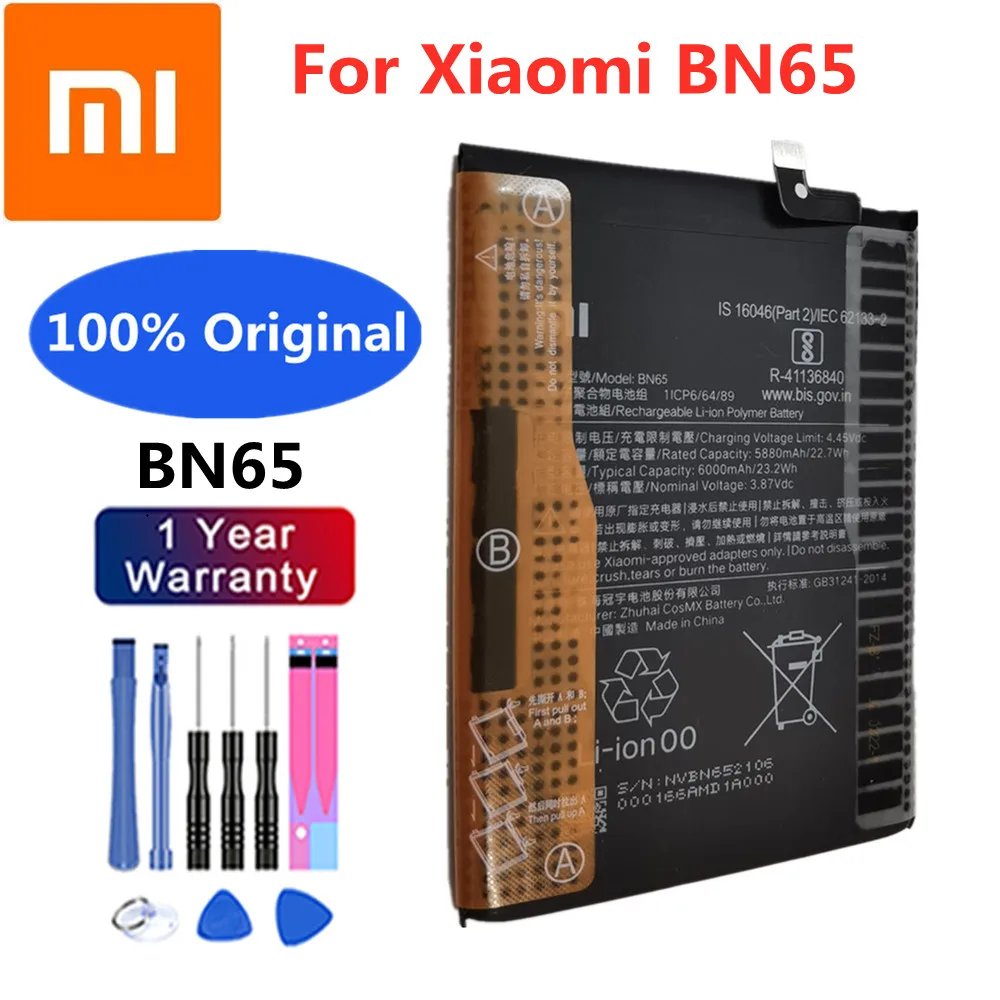 

100% Original Xiao Mi BN65 High Quality Phone Replacement Battery For Xiaomi BN65 6000mAh Capacity Rechargeable Battery Batteria