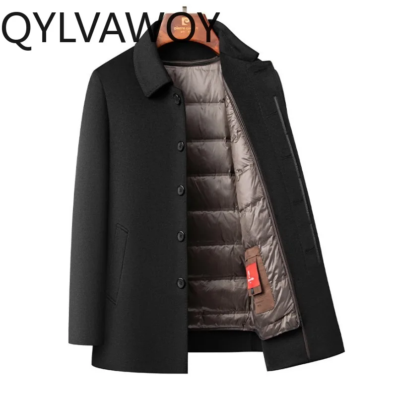 

QYLVAWOY 100% натуральная шерстяная зимняя куртка-тренч средней длины со съемной пуховой подкладкой, утепленное теплое пальто для мужчин, деловой повседневный стиль