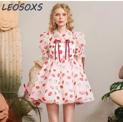 2024 Summer Kawaii Dress Sweet Fresh Strawberry Printed Cute Doll Collar Organza Princess Pettiskirt  Birthday Dress for Women