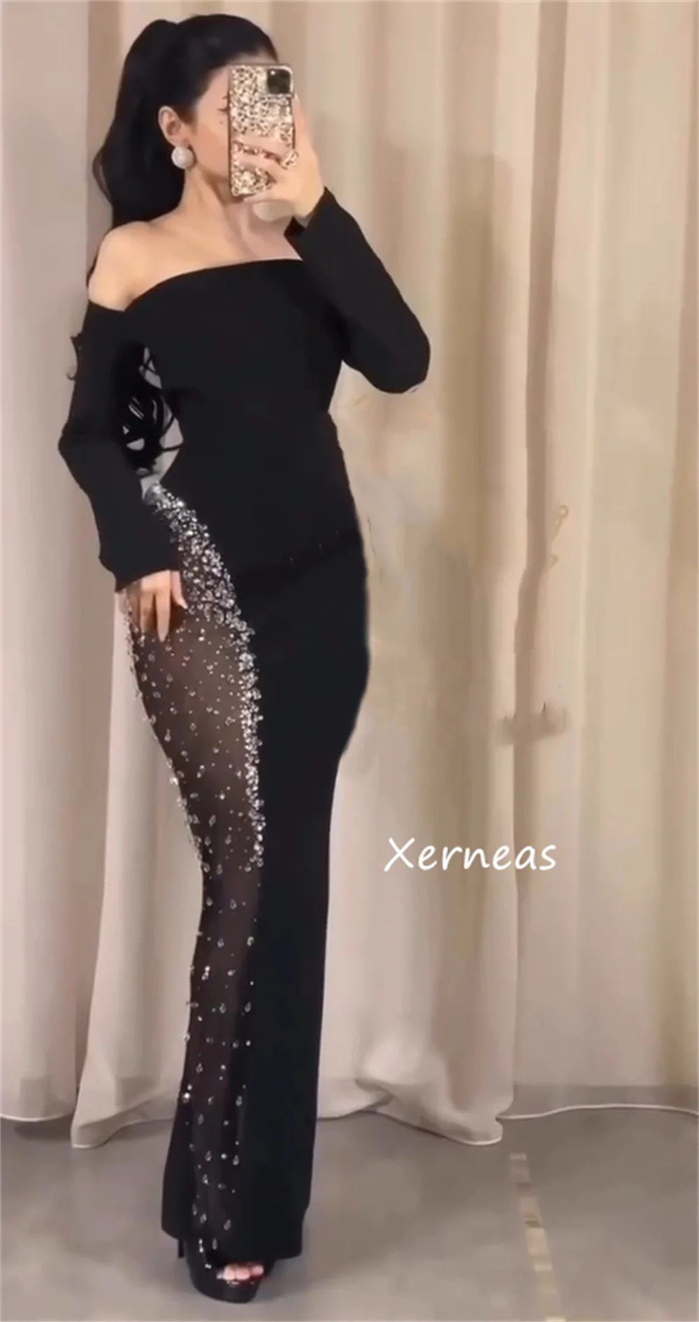 Customized Elegant Jersey Sequined Pleat Column Off-the-shoulder Long Dresses Bespoke Occasion Evening Chinese Style