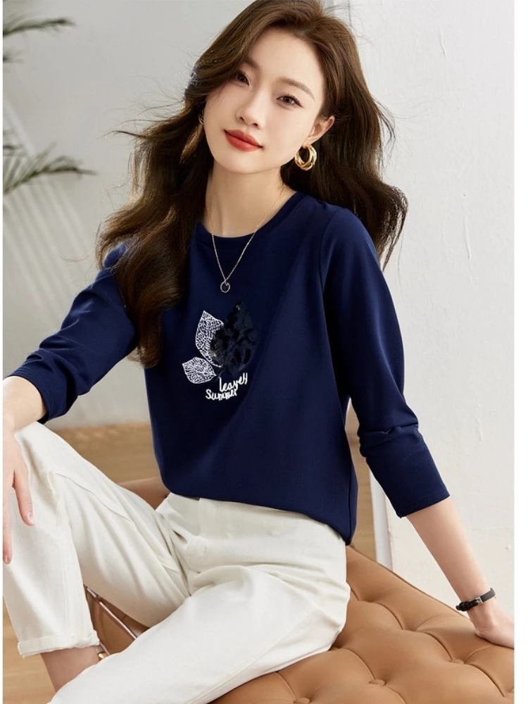 

VIMLY Woman Fashion Long Sleeve T-shirts Round Neck Autumn 2025 Casual Floral Embroidered Tees Loose Knitted Female Tops A2960