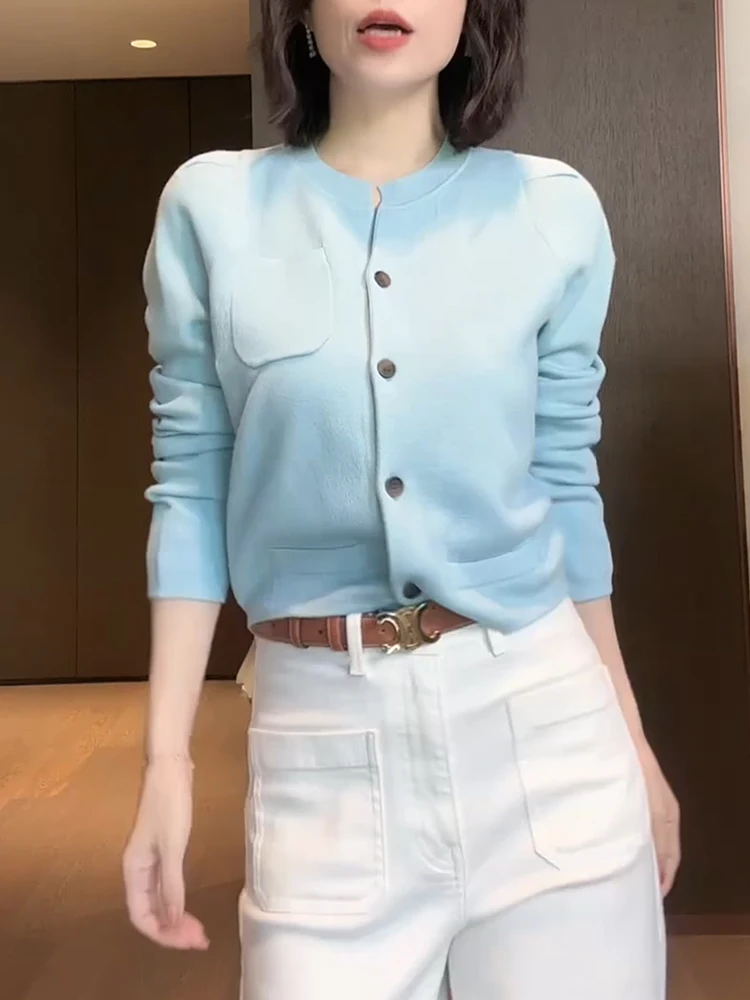 

Мягкий синий вязаный круглый женский топ на одной пуговице, корейский весенний новый модный утягивающий универсальный зимний топ, одежда