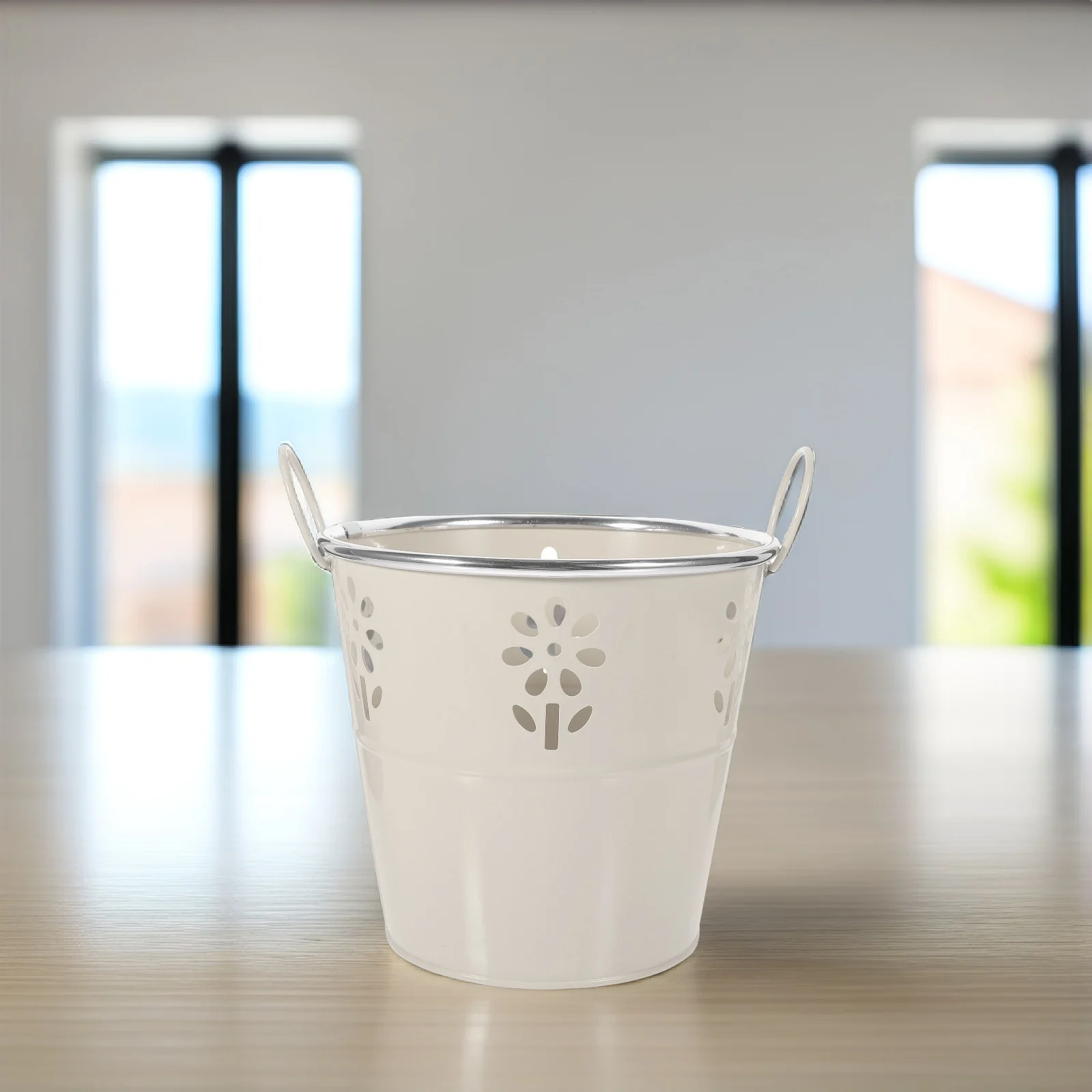 

Round Flower Pot 16x14x11 Gray Blue Iron Planter Bucket with Handle Creative Container for Home Office Rustic Farmhouse Style