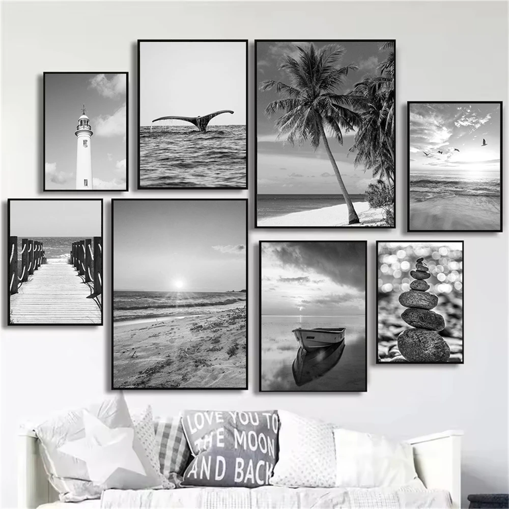 

Nordic Black and White Sea Beach Canvas Print Poster Boat Bridge Coconut Tree Lighthouse Wall Art Painting Picture Home Decor