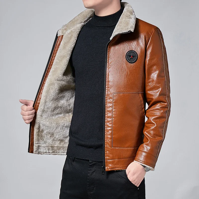 

Men Fleece Warm Leather Coats Men Fur Collar PU Warm Leather Jackets Coats Slim Fit Motorcycle PU Leather High Quality Coats