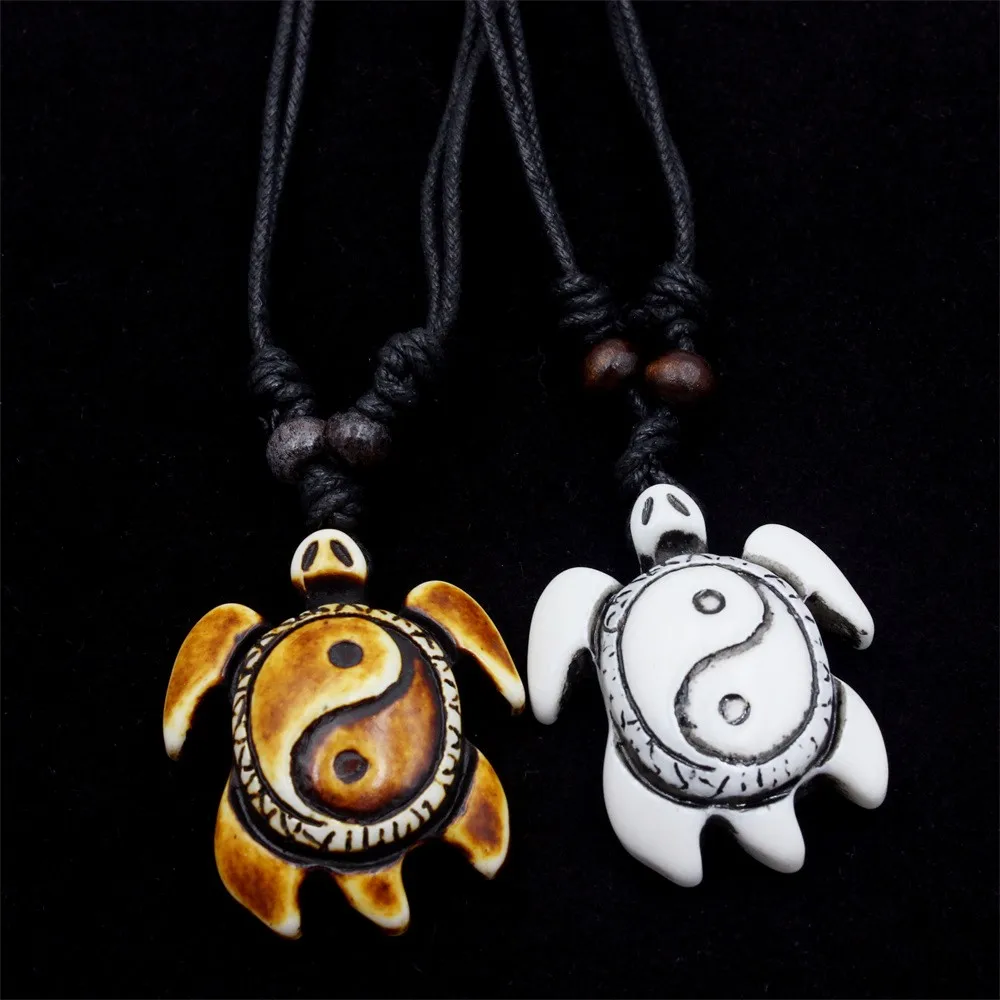 Vintage Tai Chi Yin Yang Turtle Pendant Necklace for Men Women Imitation Yak Bone Sea Turtle Charms Jewelry Gift