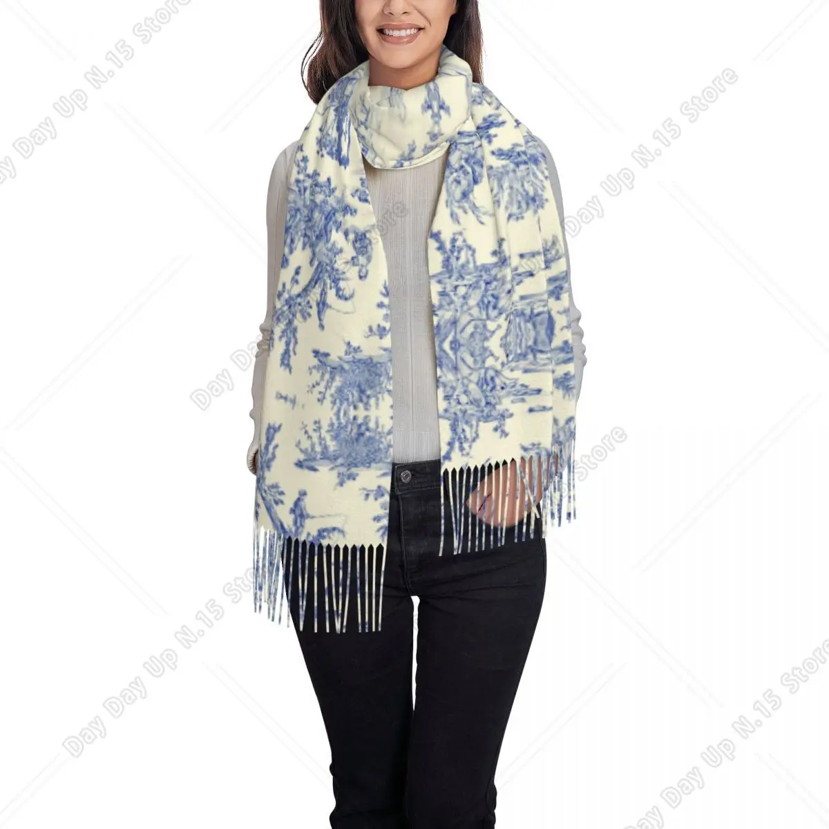 Lady Large Traditional Blue French Toile De Jouy Motif Pattern Scarves Women Winter Fall Soft Warm Tassel Shawl Wrap Scarf