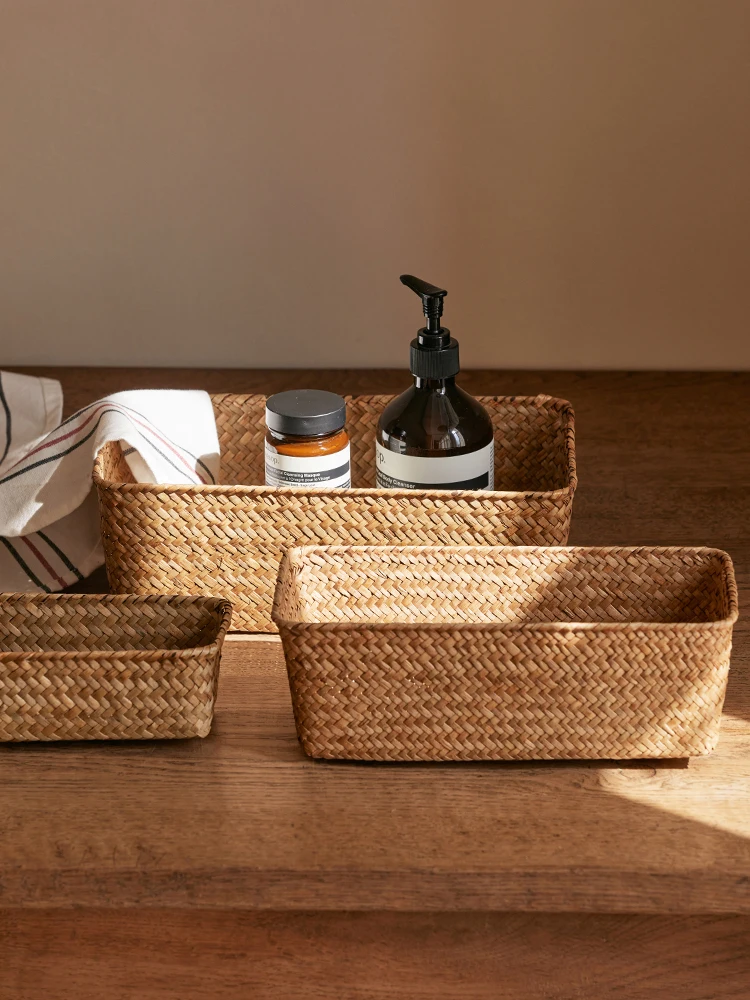

Rattan storage basket, bamboo desktop sundries rectangular woven storage basket