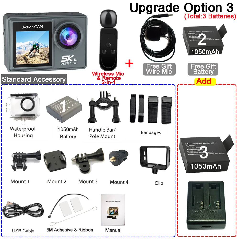 5K 4K60FPS actiecamera Dubbele IPS Touch LCD DVR EIS 170 °   30M waterdichte 5-x zoom sportcamera met draadloze microfoon en afstandsbediening