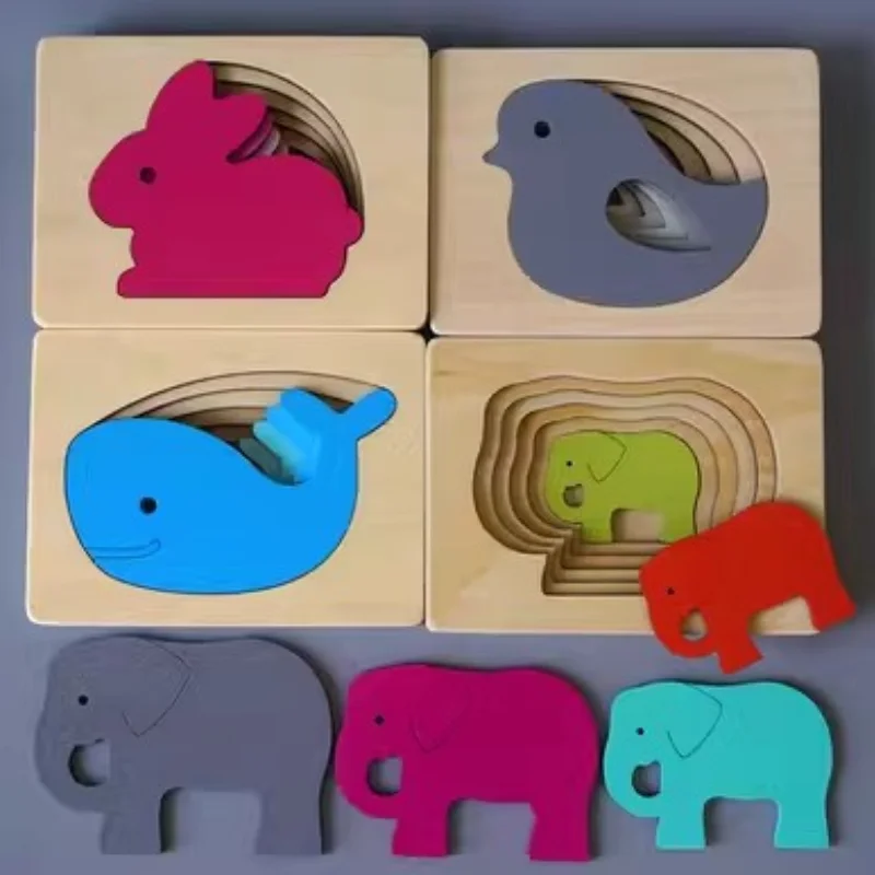 

5-Layer Animal Wooden Puzzle Board Three-Dimensional Color Gradient Shape Change Perception Toy Kids Montessori Early Education