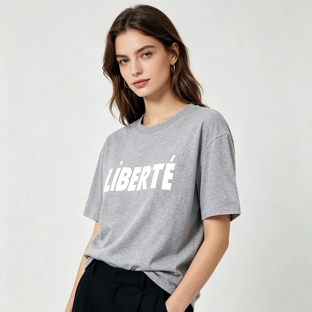 Liberte French Letters Printing Female Elegant Short Sleeve T Shirts Summer Loose Cotton Casual Tops Ins Fashion Gray Tees