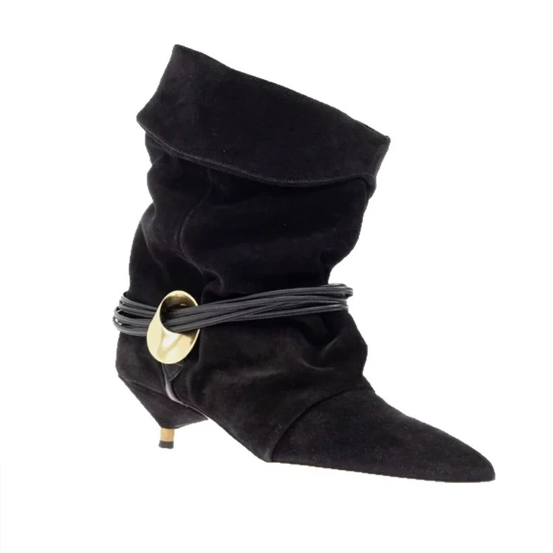 النساء مطوي حذاء من الجلد مع حلقة معدنية حزام الرجعية قبعات رعاة البقر الغربية الأحذية أشار تو كعب منخفض العلامة التجارية مصمم الأحذية كعب الأحذية