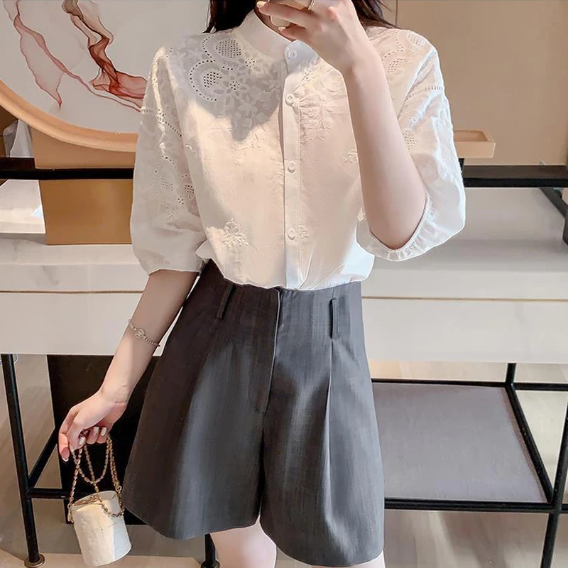 Summer Korean Fashion Vintage Embroidery White Button Up Shirt for Women Casual Chic Sweet Short Sleeve Blouse Top Female Blusas