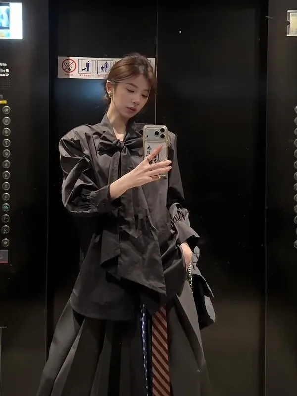 

Женская свободная блузка Academic Sle с большим бантом, черная, стройнящая, универсальная, весенний дизайн, повседневный топ для прогулок