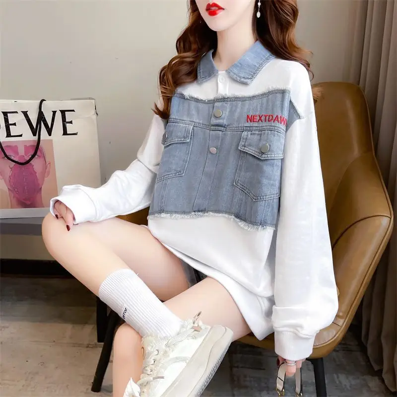 Fashion Spliced Pockets Embroidery Sweatshirts Female Clothing 2023 Autumn Winter Loose Casual Tops Fake Two Pieces Sweatshirts