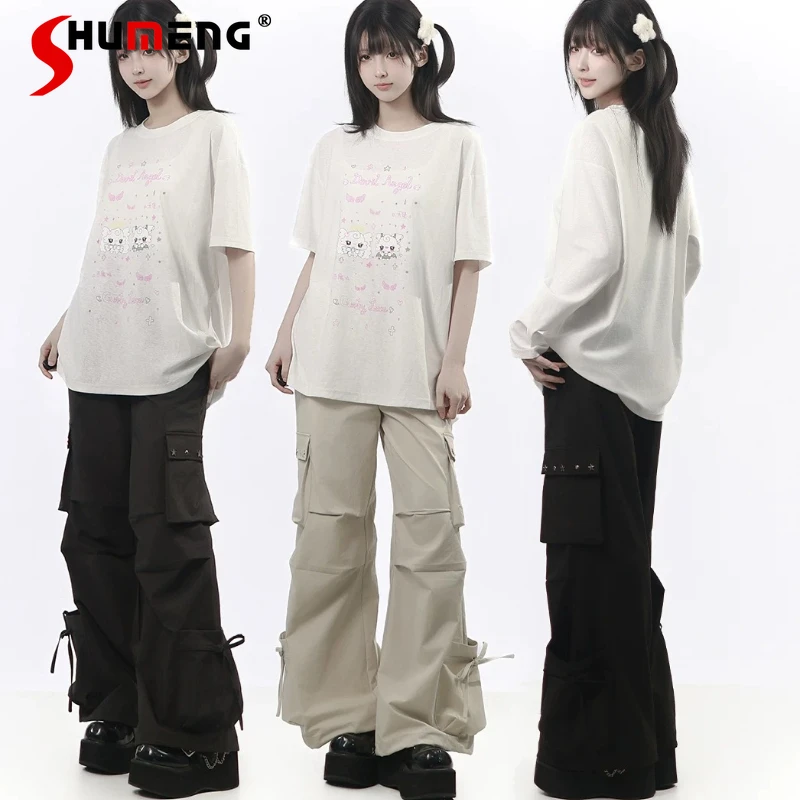 

2026 Summer New Cool Thin Lightweight Pleated Rivet Cargo Pants Women's Y2k Casual Loose Ankle Tie Wide Leg Trousers Streetwear