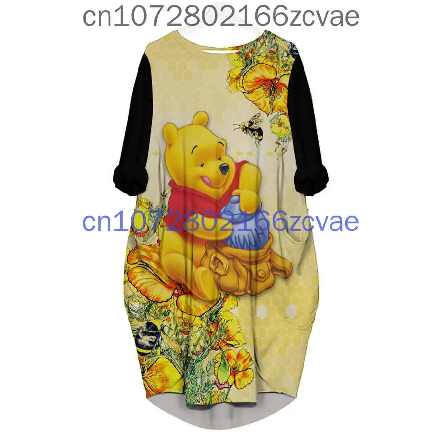 Disney Women's 3D Batwing Pocket Dress Winnie The Pooh Oversize Fashion Street Girls Pullover Long sleeved Dress