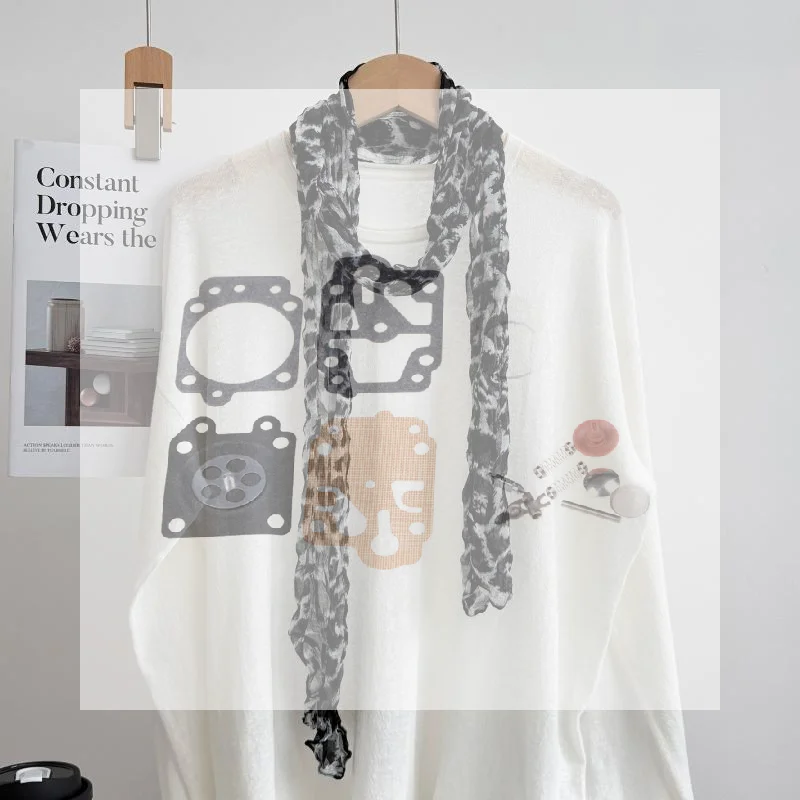 Soft Crinkled Black‑White Leopard‑Print Chiffon Scarf, For Daily Travel