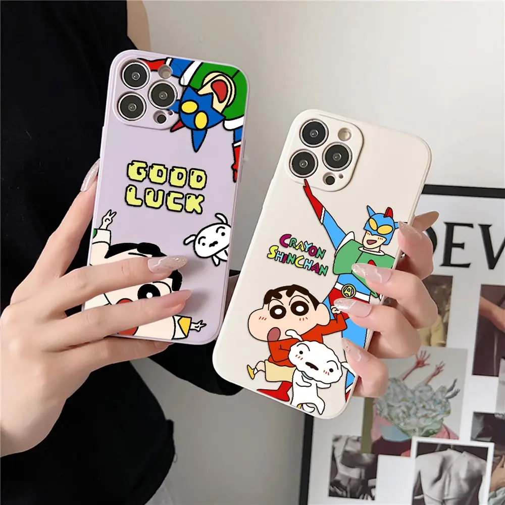 Crayons Boy Shin-chans Phone Case For iPhone 15 14 13 12 11 Pro Max Mini 7 8 14 15 Plus SE 2020 Cases Liquid Silicone Back Cover image 2