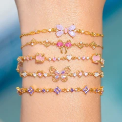 New Luxury Pink Crystal Bowknot Cubic Zirconia Pendant Bracelet Women Blue Butterfly Shiny Rhinestone Bangle Jewelry