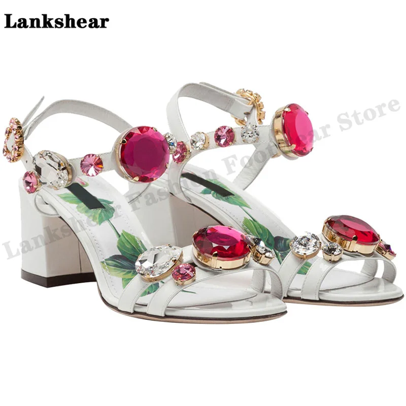 

Customized 2023 Catwalk Color Diamond Gem Thick-Heeled Women's Sandals with Rose Flower Sheepskin Printed High-Heeled Shoes