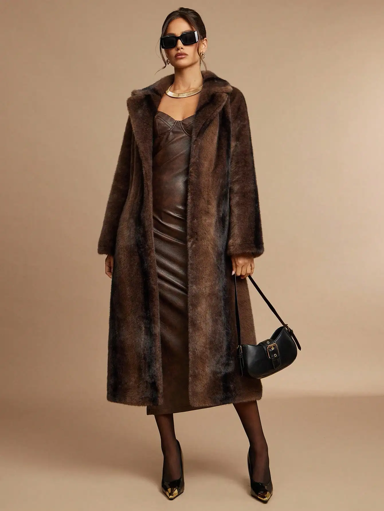 

Women's Long Faux Fur Coat with Oversized Collar, Winter Warm Loose Jacket for Outings & Commuting, Brown
