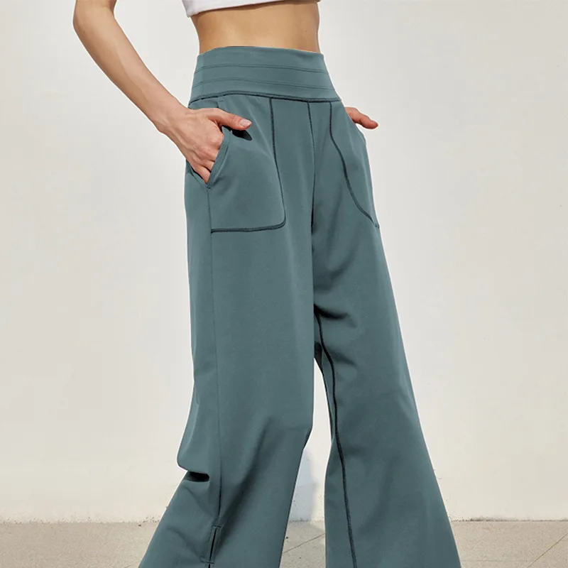 New Yoga Wide Leg Pants With High Waist And Drop Feeling Straight Leg Casual Pants, Drawstring Pocket Sports Bell shaped Pants