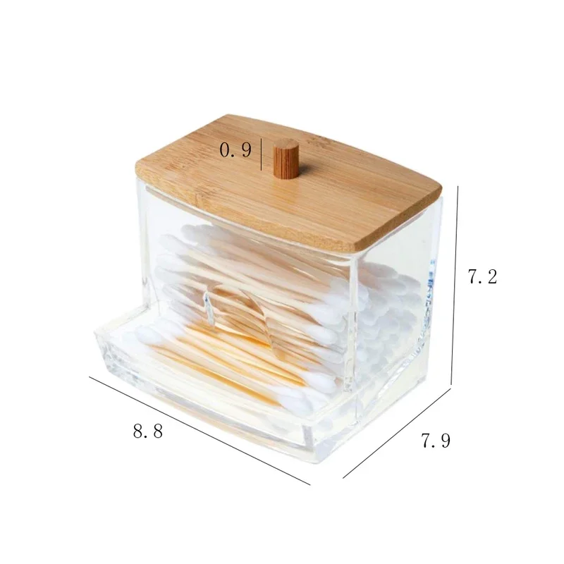 Transparent Cotton Swab Storage Box Double Head Cotton Buds Container Square Bamboo Cover Cotton Swab Toothpick Organize Box