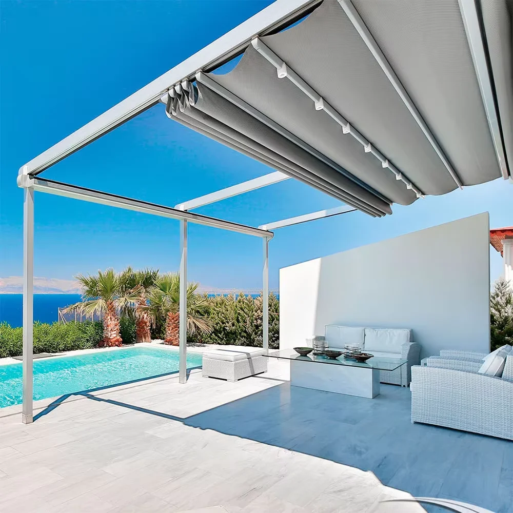 نظام سقف من الألومنيوم لتغطية المناخ الحيوي في الهواء الطلق وشرفة الحديقة ومظلة كهربائية قابلة للسحب ومقاومة للماء #5
