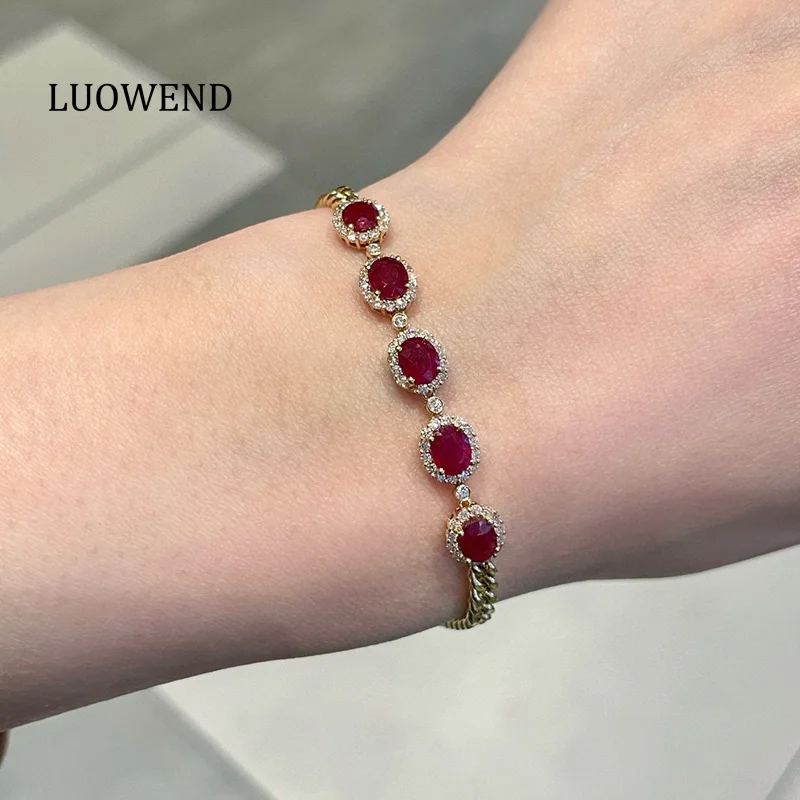 

LUOWEND 100% 18K Yellow Gold Bracelet Luxury Elegant Style Shiny Diamond Natural Ruby Bracelet for Women High Party Jewelry