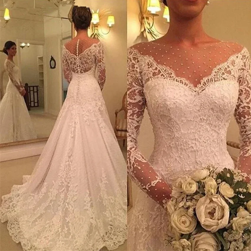 Lace Long Sleeves wedding dresses 2024 V neck Appliques Lace Europe Style Mermaid Wedding Dresses For Bride Customized