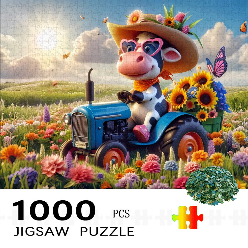 

Пазл для взрослых «Милая корова, водящая трактор в цветочном поле», очаровательная тематическая интеллектуальная игра, декоративная игрушка для дома и отдыха
