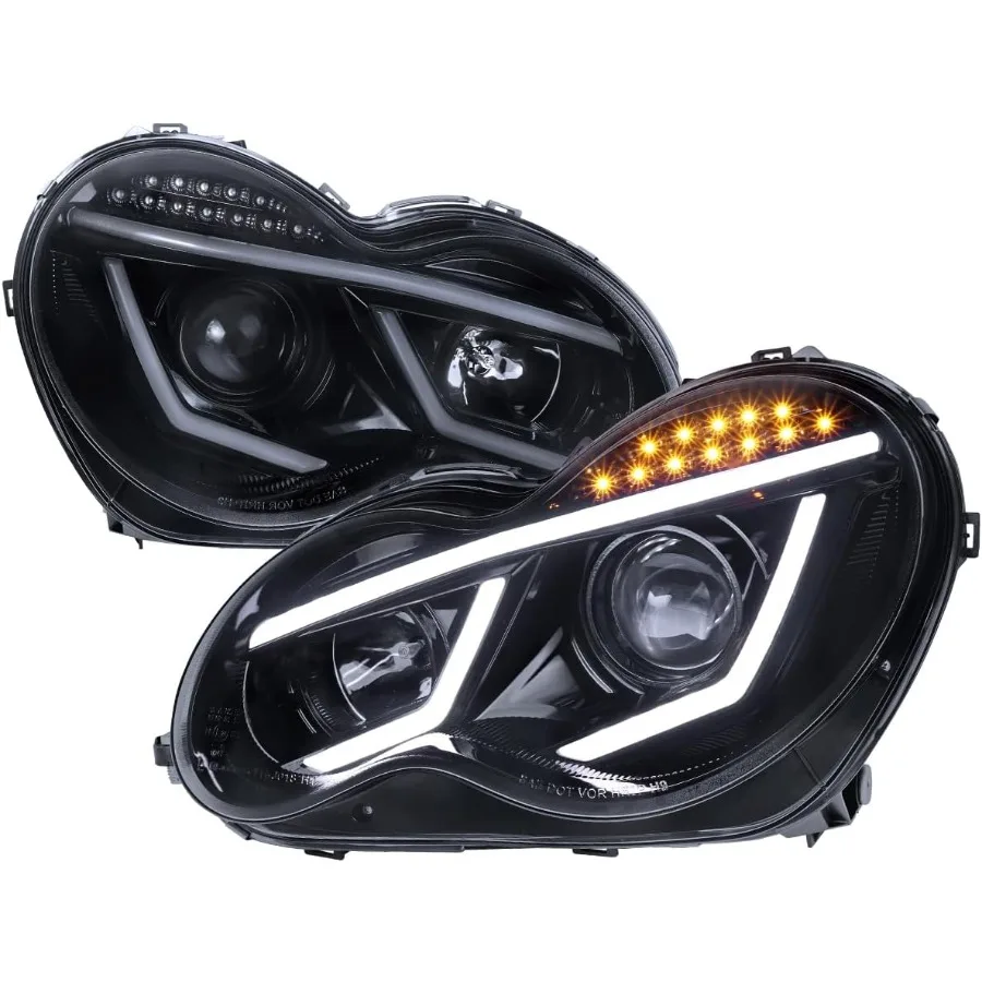 

Glossy Black Smoke LED Projector Headlights Compatible with 2001-2007 MercedesBenz W203 CClass Sedan Left + Right Pair Headlamps
