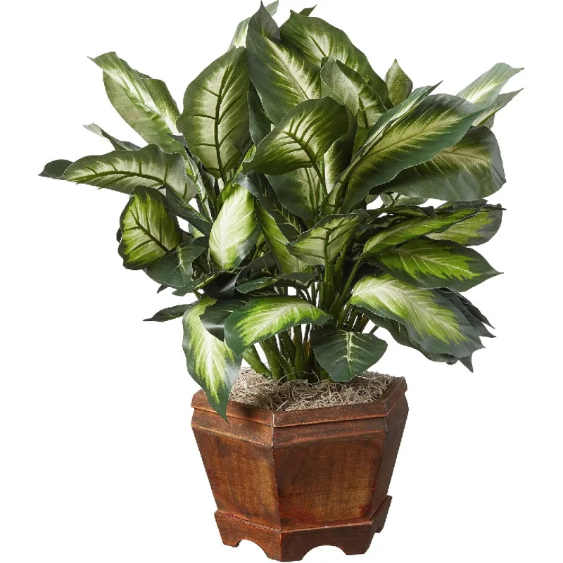 

Artificial Triple Golden Dieffenbachia Plant with Decorative Wood Planter, Faux Plant for Indoor Home Décor