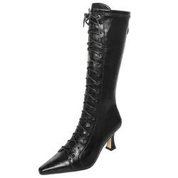 Fashionable And Sexy High-Heeled Pointed Lace Up Elastic Boots Slim Boots Leg Hugging Boots Back Zipper Lace Up Knee High Boots