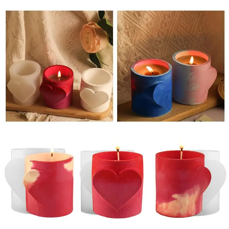 

Love Heart Concrete Candle Cup Jar Molds Valentines Gift Round Cement Clay Flowerpot Plaster Gypsum Pen Holder Epoxy Mould