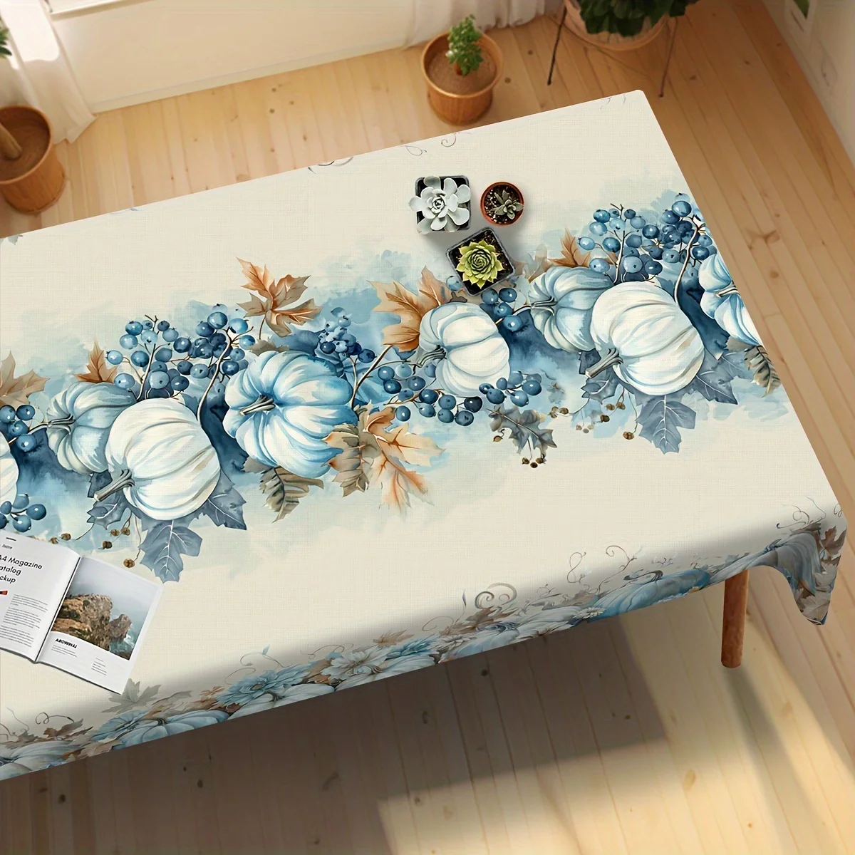 Fall Blue Pumpkins Maple Leaves Tablecloths Holiday Party Decor Autumn Thanksgiving Rectangle Table Cloths Kitchen Table Decor