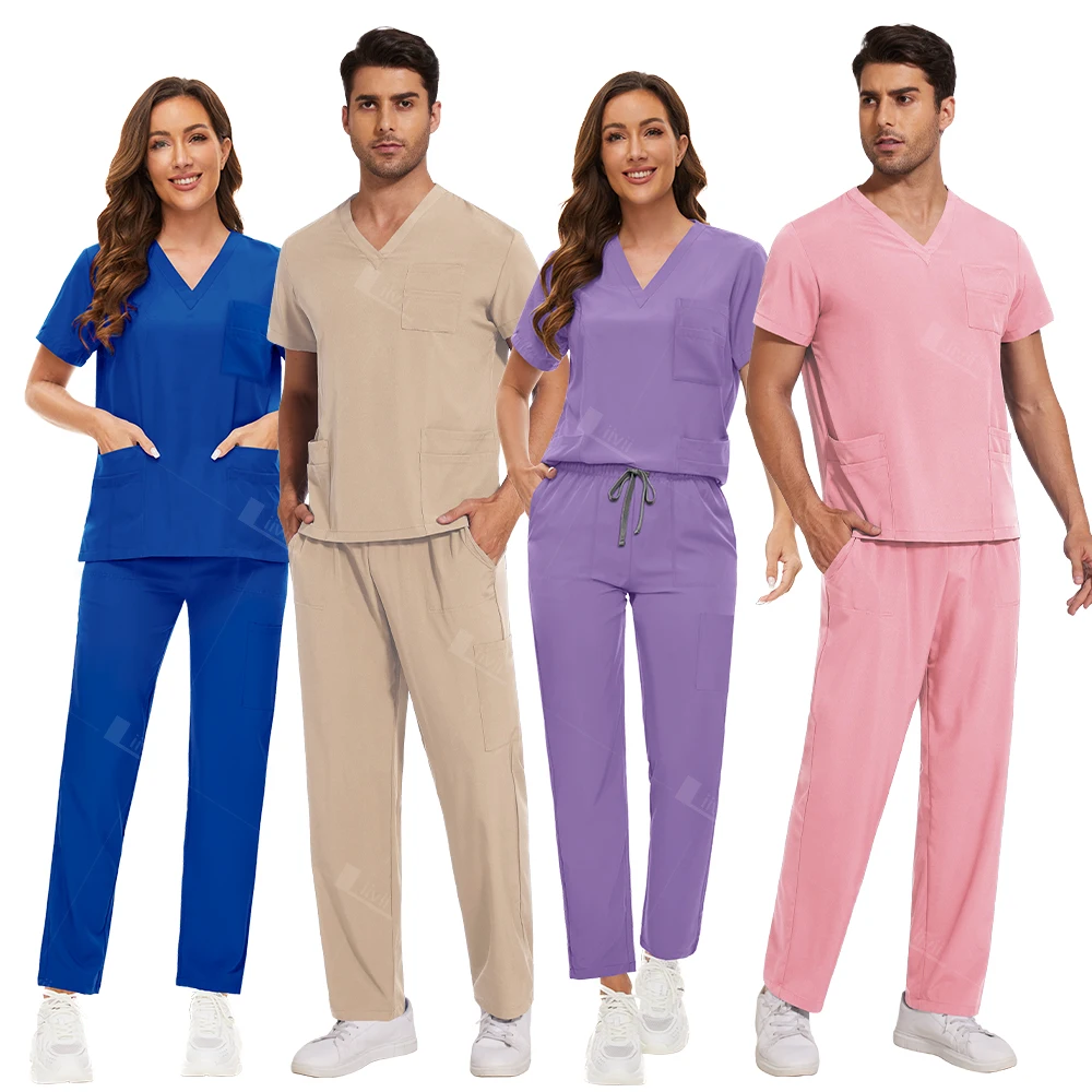 Scrubs Medische Uniformen Vrouwen Mannen Korte Mouwen V-Hals Zak Kleding Dokter T-Shirt Top Rechte Broek Tandarts Chirurgische Uniformen