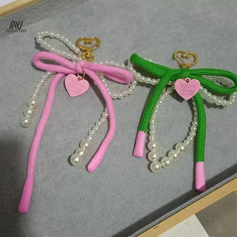 Korean New Sweet Pearl Bow Keychain Heart Pendant Keyring Y2K Aesthetic Key Holder Bag Pendant Accessories